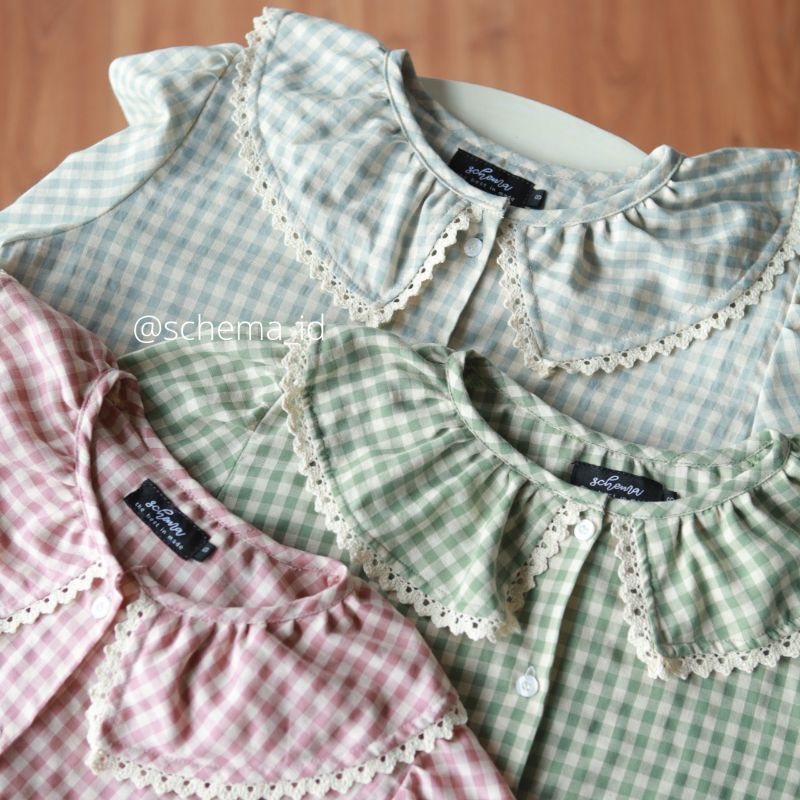 Yeora Blouse by Schema Collar Blouse Korea Style Atasan Top Wanita Lengan Panjang Tartan Blouse Cotton Premium