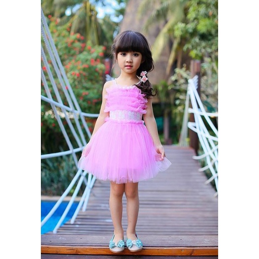 DRESS ANAK SOFT PINK TUMPUK / BAJU PESTA / DRESS PINK