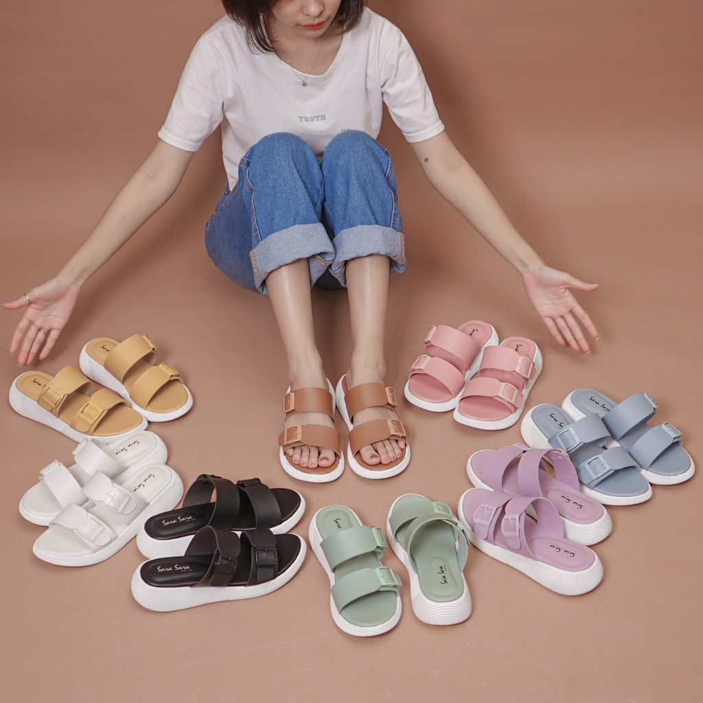 SARASARA YUK - Sandal Wanita Slop Casual Model Birken Sol Puyuh SARA SARA JEAN Sendal Selop Cewek Kulit Santai Strap Gesper Ban dua Empuk lucu Size 36 37 38 39 40 Warna Lilac Ungu Soft Anti Slip Original Kekinian Terbaru Shoes ORI Mall Official Store