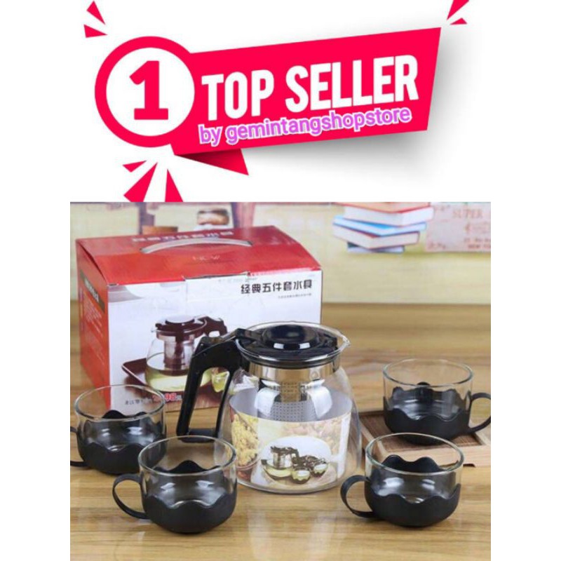 teapot set Kaca 5 In 1 / tea pot dengan saringan / teko teh set gelas