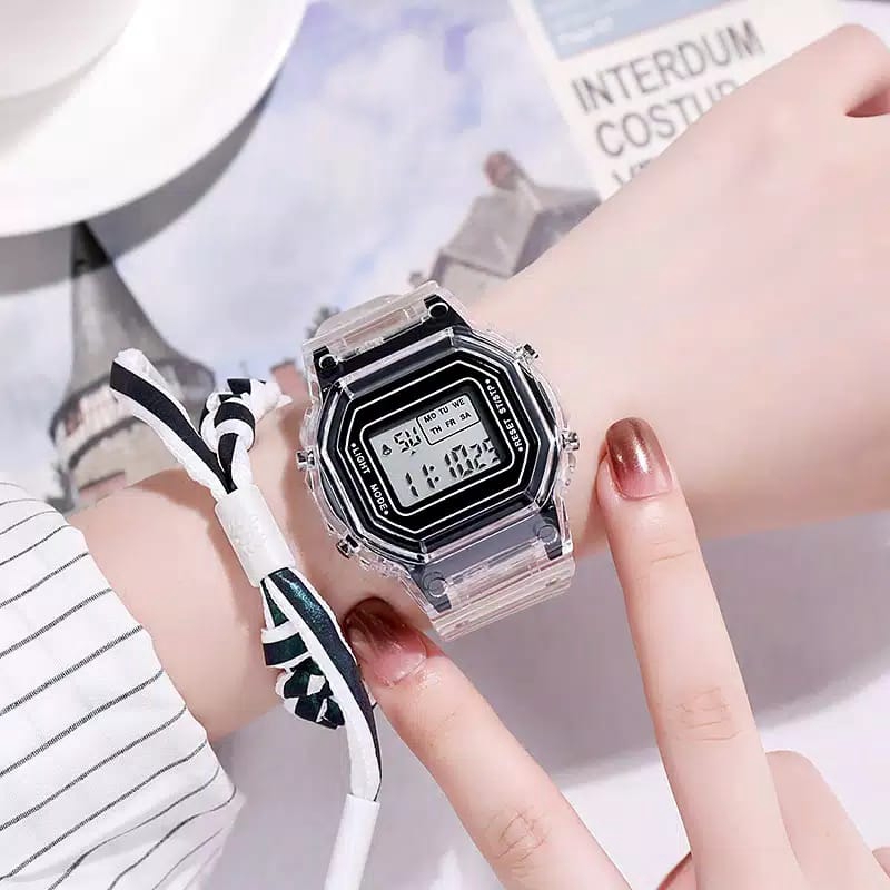 Jam Tangan Wanita Fashion Korea Style Digital Sport LNR 1175 tali transparan