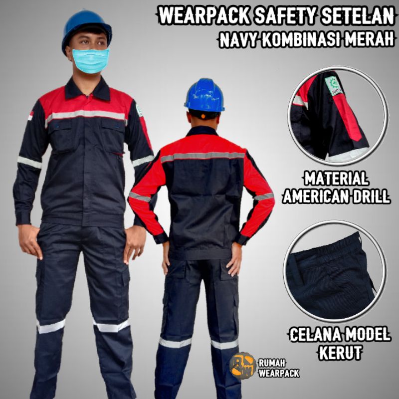 Wearpack Proyek dan Celana Kerja Setelan Warna Navy Kombinasi Merah