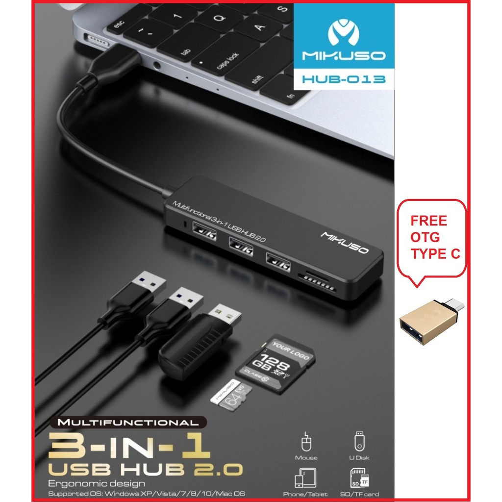 USB HUB 2.0 Mikuso HUB-013 USB 3 in 1 With Card Reader SD-MMC-MicroSD