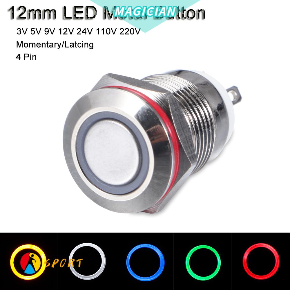 Yellow LED Stainless Metal Latching Push Button Switch On Off 12V 16mm Mounting 