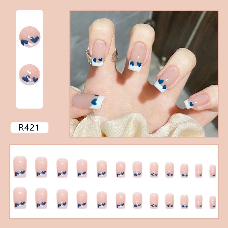 24pcs / box Kuku Palsu Bentuk Kotak Motif Hati Warna Biru / Pink Gaya Perancis