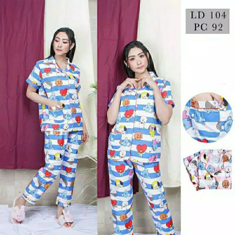 Piyama Baju Tidur Dewasa Cewek / Wanita BTS Salur CP PP HP 3in1 L, XXL/JUMBO