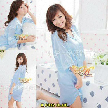 Daster Kemeja Satin Dress / Baju Tidur Kancing Depan ( Daster Ibu Menyusui / Busui ) Warna Biru