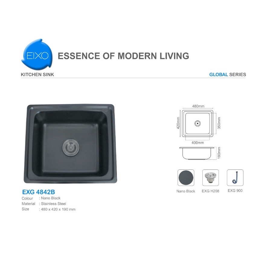 Eixo Global Bak Cuci Piring / Kitchen Sink 1 Lubang Stainless Warna Hitam