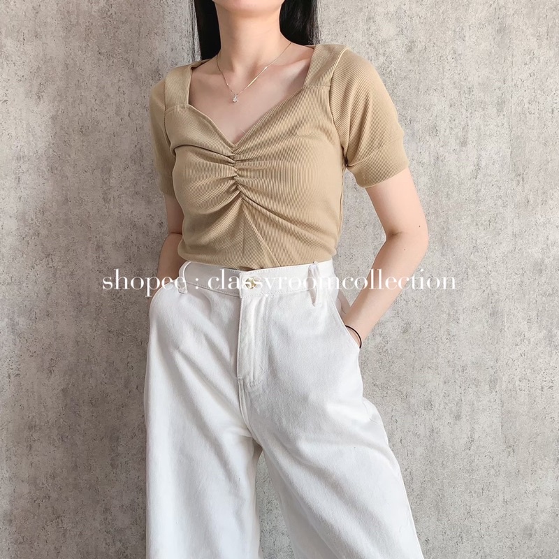 LESYA TOP BAJU ATASAN BLOUSE WANITA BAHAN RIB RAJUT KNIT LENGAN PENDEK V NECK VNECK V-NECK POLOS GREEN LATTE GREY WHITE BLACK FUCHSIA BROWN ARMY BRICK TERRACOTA BATA LAVENDER PURPLE PINK LIGHT GREEN TEA PASTEL GREEN DARK BLUE-3