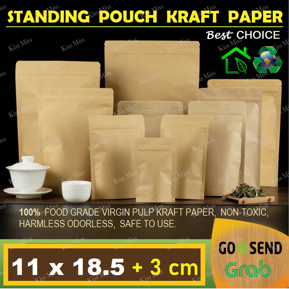 11x18.5 - STANDING POUCH KRAFT PAPER ALU FOIL  - KEMASAN BIJI KOPI - SNACK - BUMBU - BUBUK - TEH