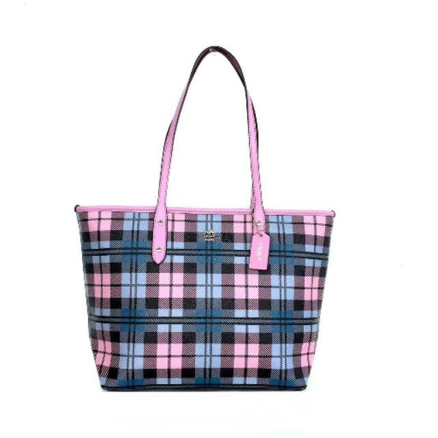 Ungu purple pink tas original authentic totebag COACH City Zip Tote With Wild Plaid Print