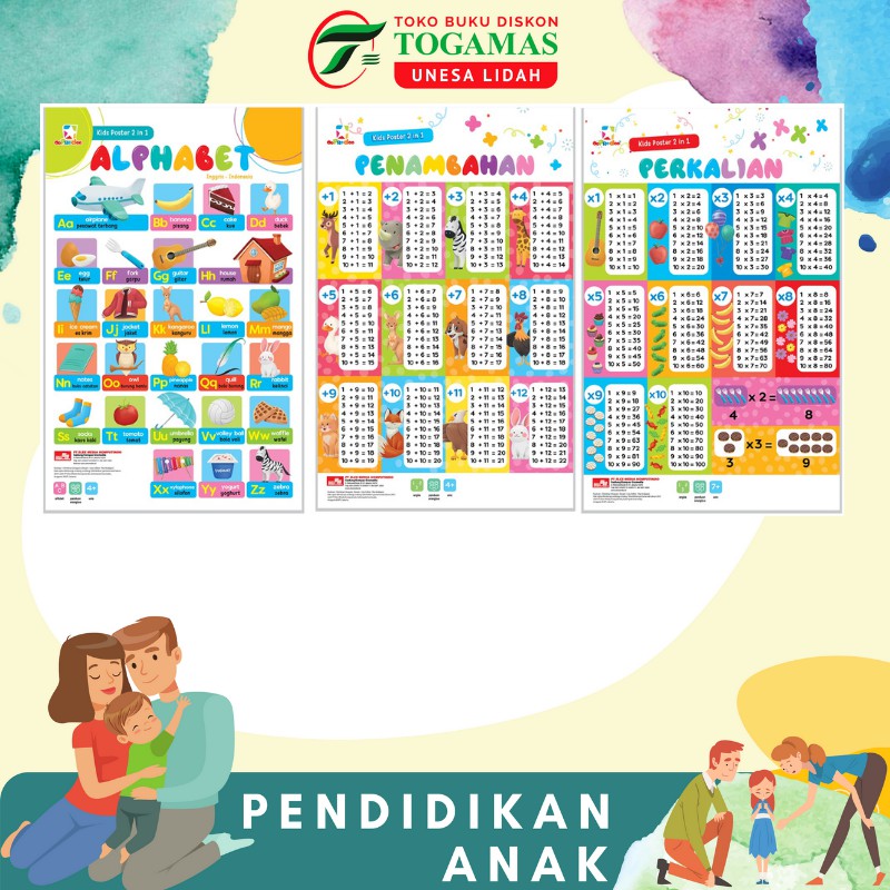 OPREDO KIDS POSTER 2 IN 1 - ALPHABET &amp; NUMBERS // PENAMBAHAN &amp; PENGURANGAN // PERKALIAN &amp; PEMBAGIAN