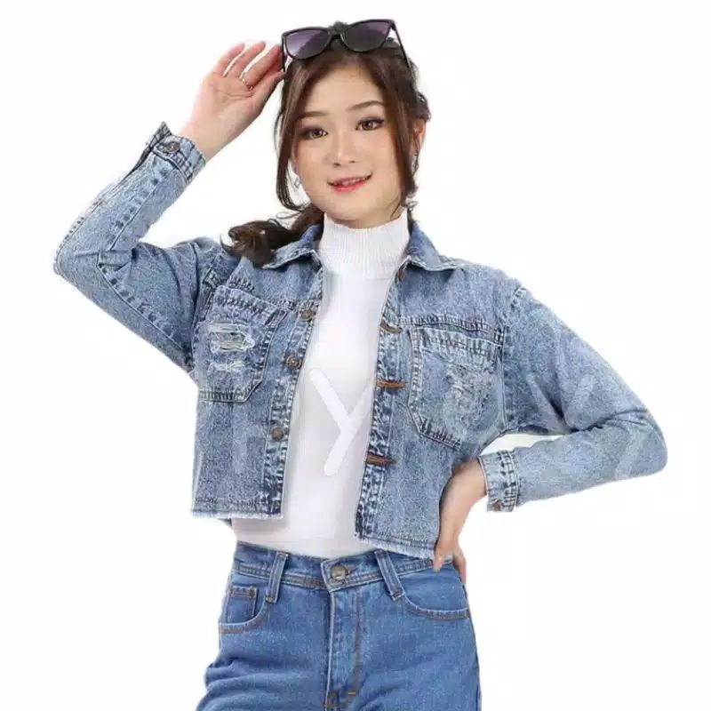 Jaket Jeans Wanita Kantong Sobek Reylin