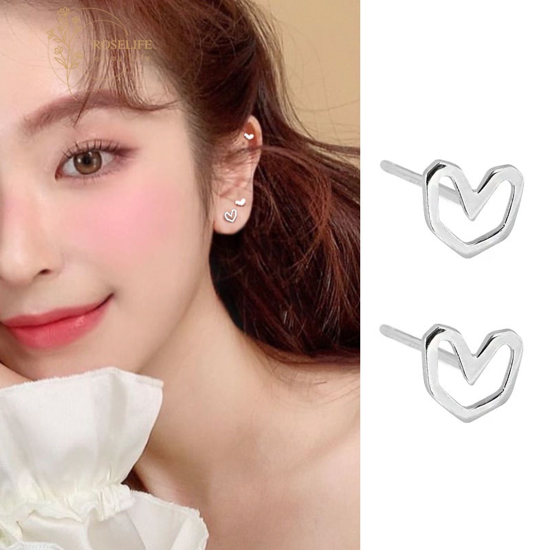 Roselife S925 Silver Small Hollow Heart Stud Earrings for Girls Women Fashion Jewelry 1 Pair