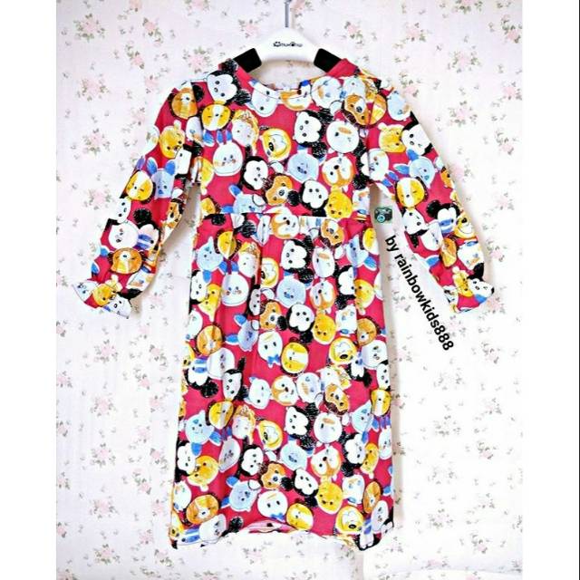 Dress anak lengan panjang motif tsum tsum / tsum tsum dress anak / gamis anak tsum tsum