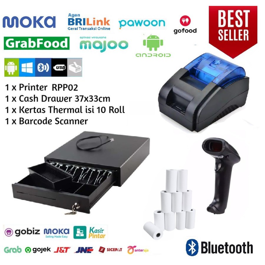 Paket Alat Kasir Cash Drawer Printer Bluetooth Scanner Barcode 1D Untuk Warung sembako / Cafe / Rest