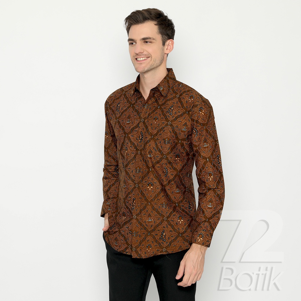 KEMEJA BATIK PRIA Slimfit Lengan Panjang Premium Motif Sidomukti Sogan Klasik Tradisional Jarik Coklat 724251 Cap 72