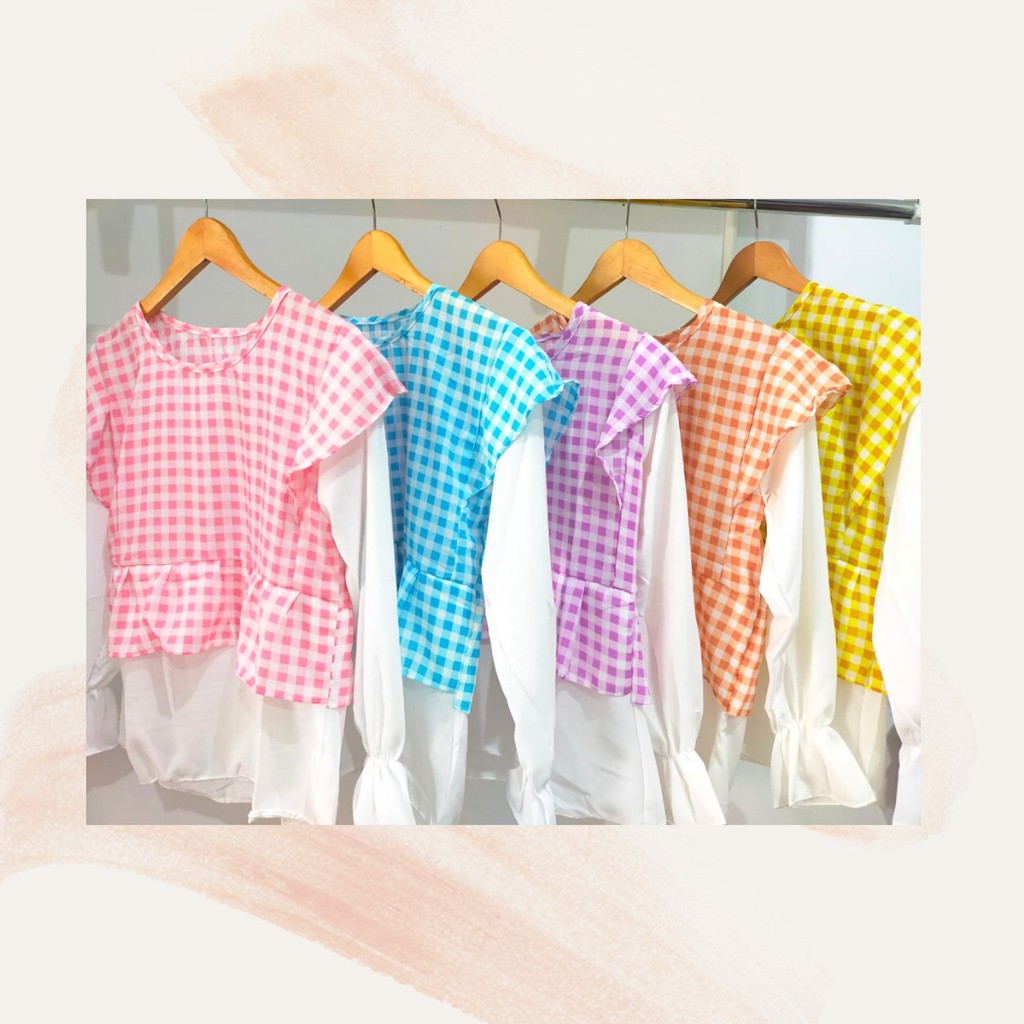 Tiara gingham top kombinasi / 2tone gingham shirt / atasan wanita cantik