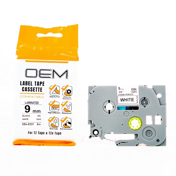 OZe-S221 OEM LABEL TAPE BROTHER STRONG ADHESIVE 9mm BLACK ON WHITE