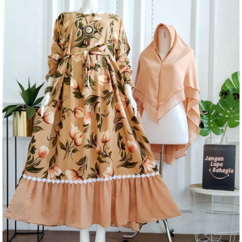 GAMIS Set Hijab SYARI Busui Monalisa Bunga Tulip renda kecil Terbaru