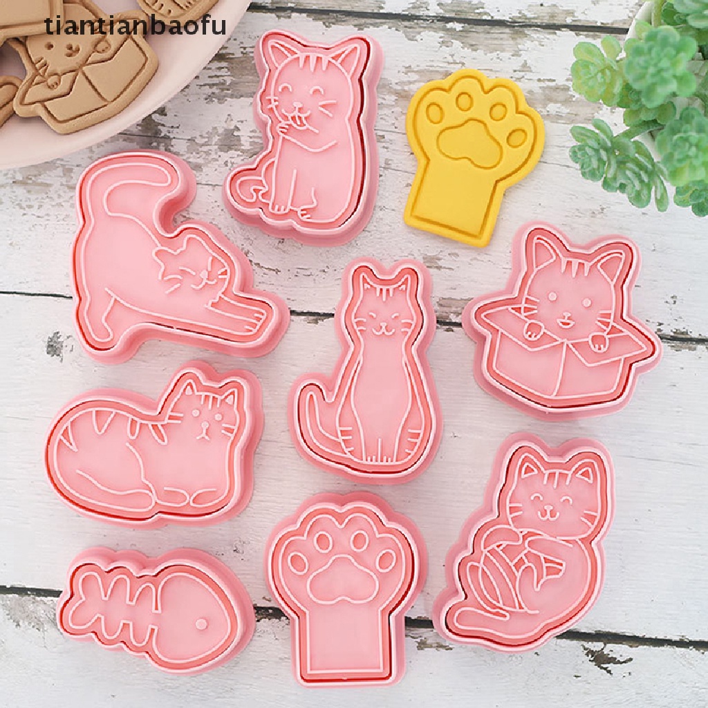 8pcs / set Cetakan Pemotong Kue / Biskuit Bentuk Kartun Hewan Kucing 3D Bahan Plastik Model Tekan Untuk Dapur