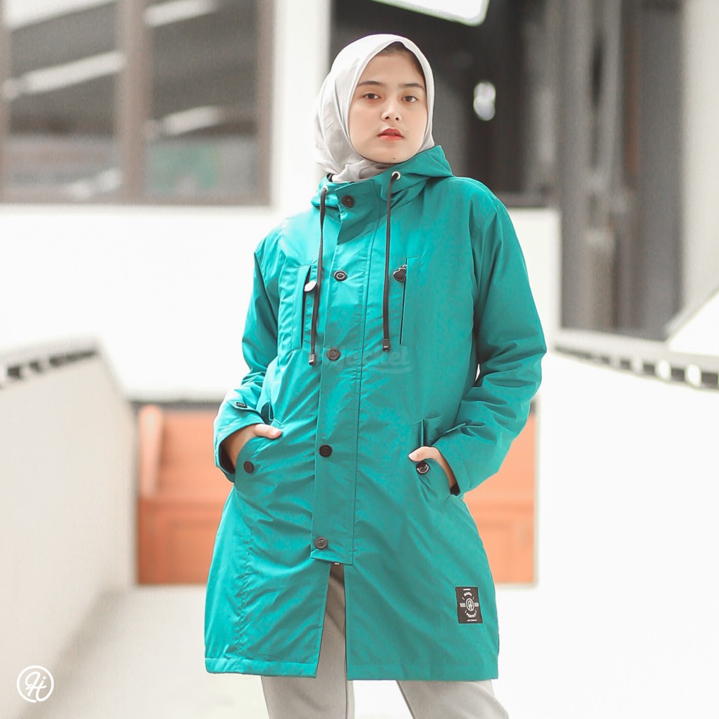 Hijacket Ixora BONDI GREEN Premium Ori - Jaket Wanita Muslimah Anti Air Panjang Syari ala Korea