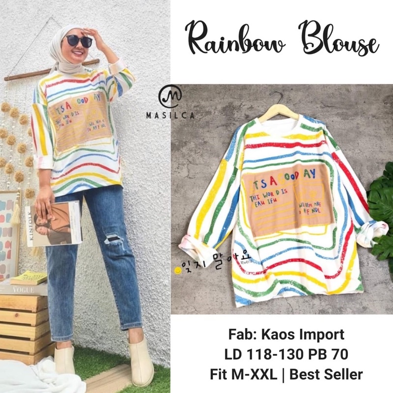 Blouse wanita premium import jumbo halus terbaru. Girly blouse masilca. Vespa Disney watergun blouse-Rainbow