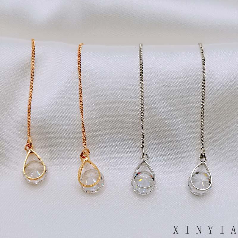 Anting Rumbai Panjang Bentuk Water Drop Bahan Zirkon
