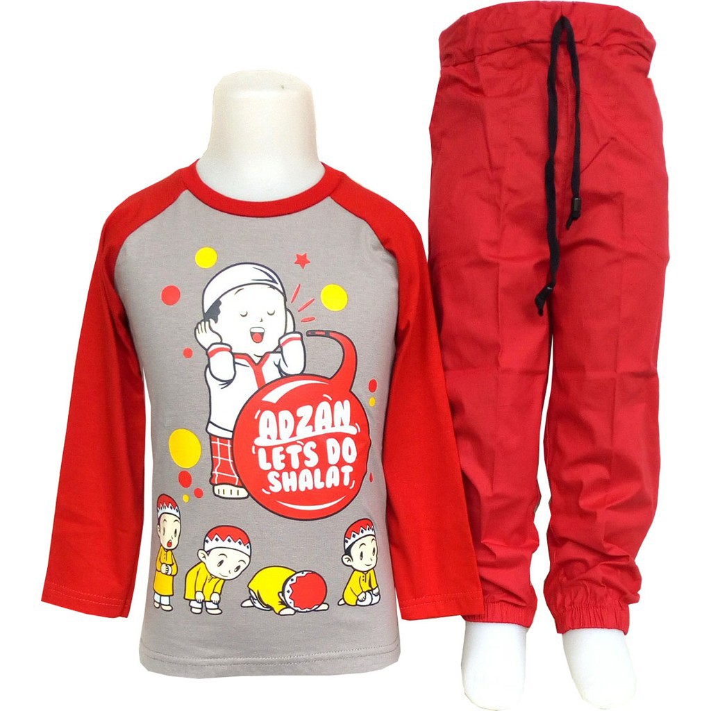 MANTROLL - Setelan Baju dan Celana Katun anak Pria Motif Adzan Kombinasi Abu Merah