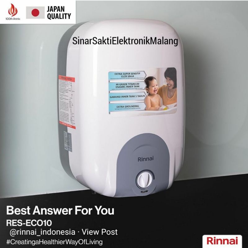 Rinnai Water Heater Listrik 10 Liter RES EC010 Rinai Pemanas Air