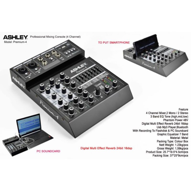 Mixer Ashley Premium-4 Original Premium4 channel Soundcard Usb Reverb