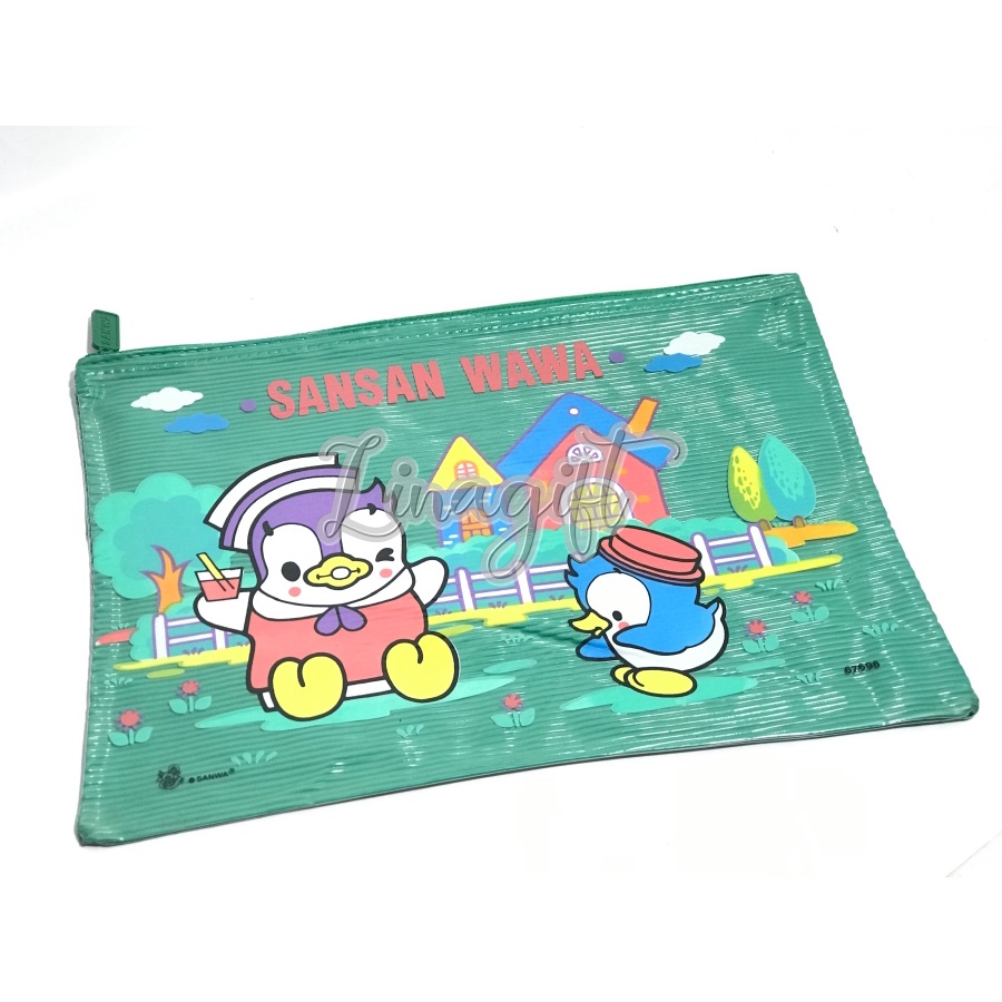 MAP ZIPPER PLASTIK SANWA - SANSAN WAWA UKURAN FOLIO / A3 SELETING ATAS MOTIF PENGUIN GREEN BLUE