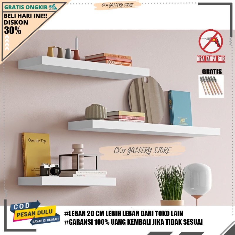 Rak Hiasan Ambalan Hambalan Dinding 3 PCS Lebar 20CM Tempat penyimpanan Pajangan Tanaman Hias Bunga Buku Al Qur'an Kosmetik makeup Bumbu Dapur Decorasi  Rumah Minimalis Dingding Tembok Tempel Ruang Tamu Kamar Tidur Cowok Kayu Susun Serbaguna Murah 20