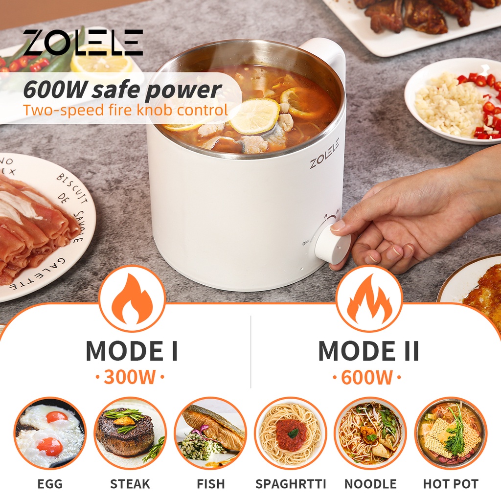 ZOLELE Panci Listrik Serbaguna 2-Layer 1.6L Elektrik Pressure Cooker Low Watt Steamer 4 in 1 Food Frypan Hotpot with Gagang Anti Melepuh Portable Non-stick Peralatan Dapur Home Kitchen ZC301