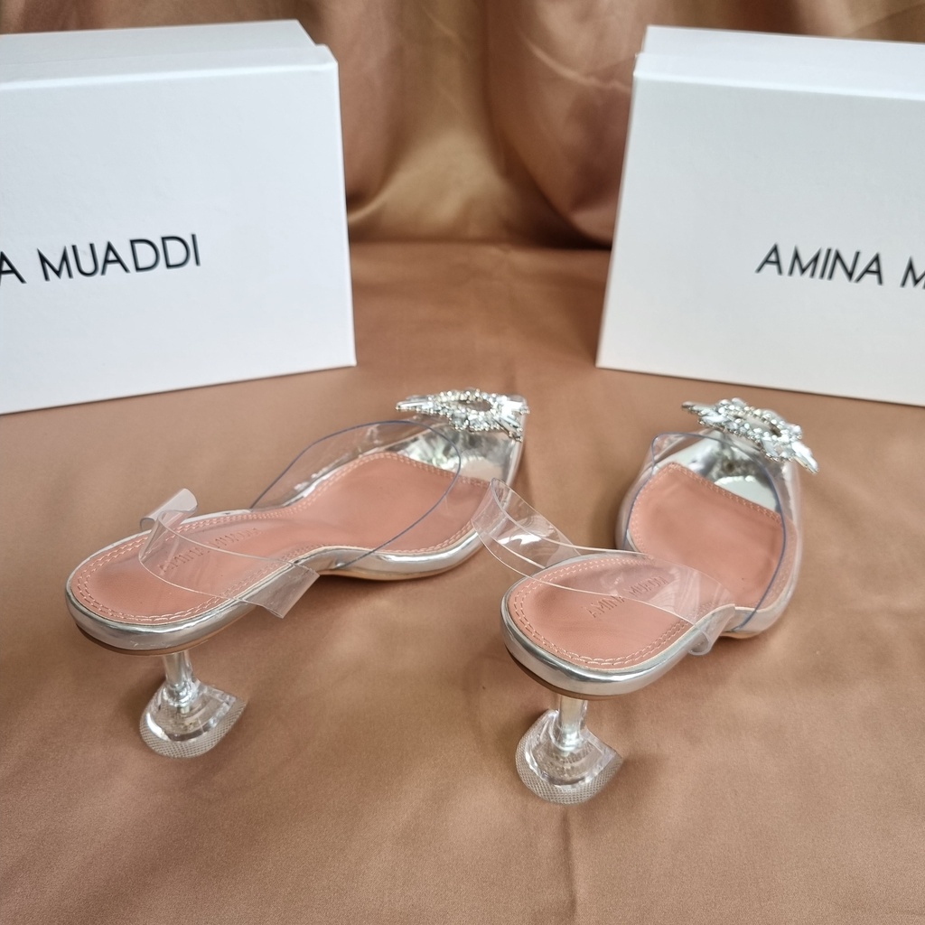 SEPATU AMINA MUADDI WANITA BEGUM CRYSTAL GLASS SLING HEELS TRANSPARAN PVS