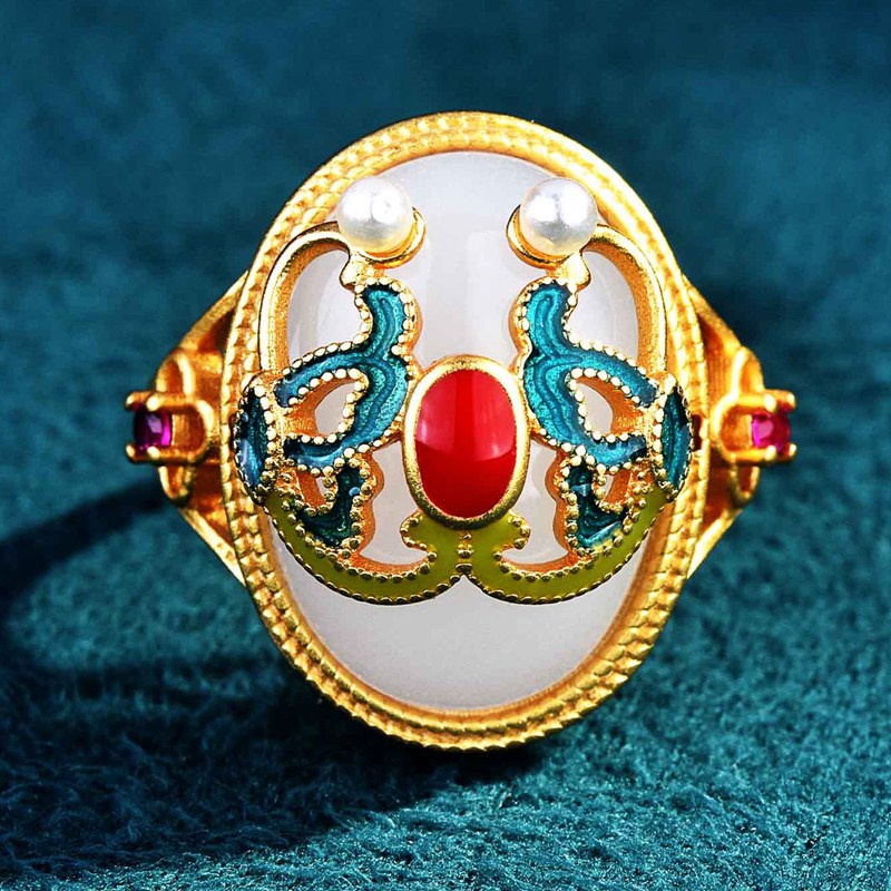 Fancyqube Cincin Batu Giok Putih Model Terbuka Warna Emas Gaya China Vintage Untuk Wanita