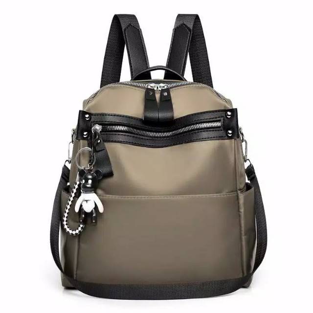 Tas Ransel Wanita Free Gantungan Bahan Nilon Glossy Warna khaki Marun Dan Hitam