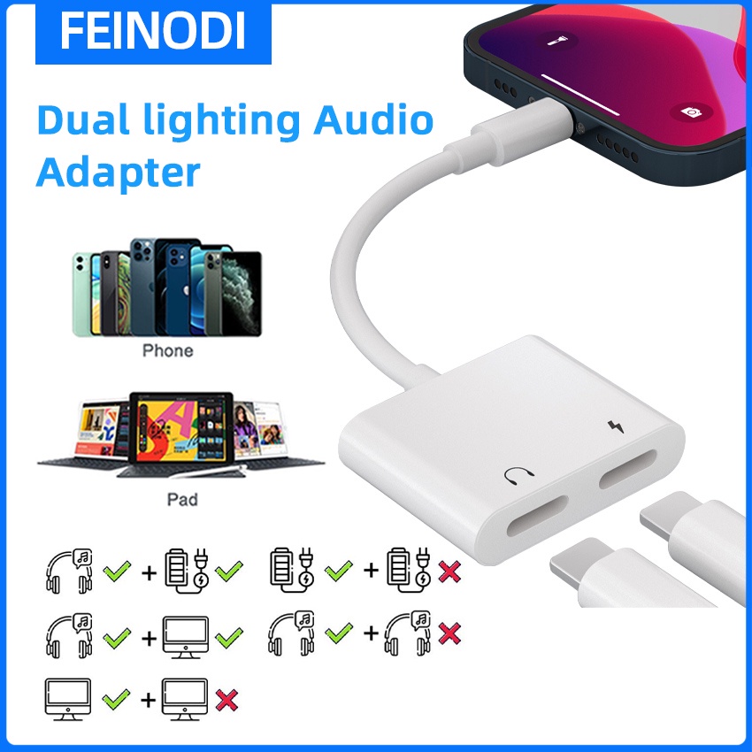 FEINODI Daul Light-ning To 3.5mm Adapter 3in1 Converter i-Phone Splitter SUPPORT MIC Sambungan Audio + Charger