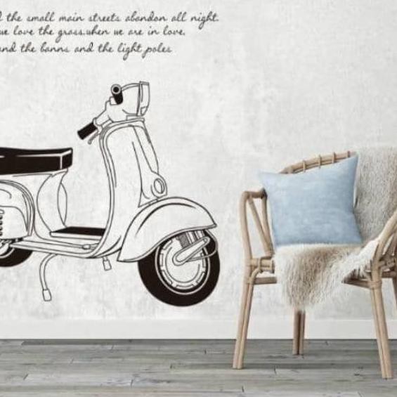 ✯ Stiker Dinding Wallpaper 60x90cm Motif Karakter Motor Vespa Hitam Putih Retro Dekorasi Ruang Kamar
