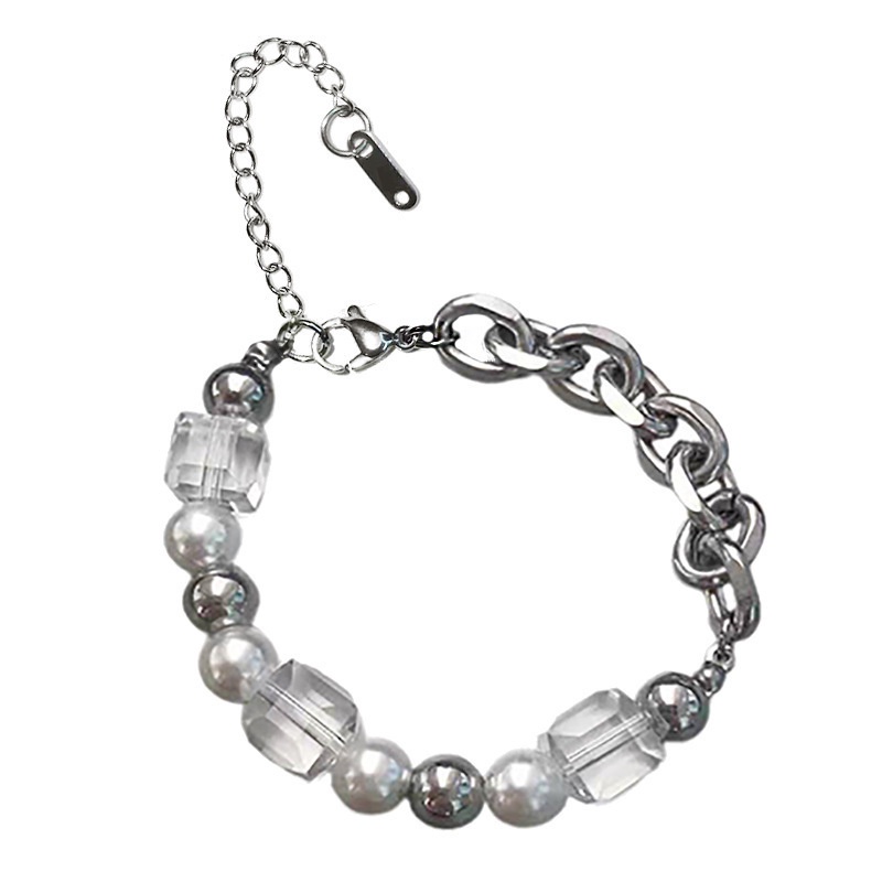 Gelang Rantai Bahan Stainless Steel Hias Kristal Mutiara Bentuk Persegi Gaya Korea Untuk Wanita