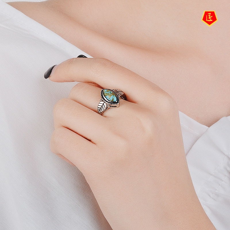 [Ready Stock]Creative Retro Turquoise Leaf Ring Noble and Elegant