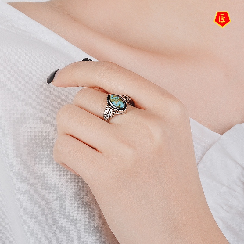 [Ready Stock]Creative Retro Turquoise Leaf Ring Noble and Elegant