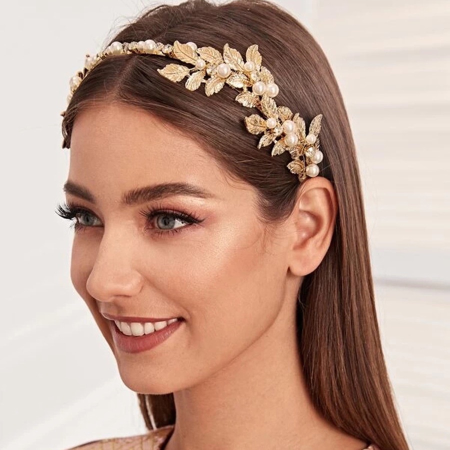 Korean Alloy Leaf Pearl Rhinestone Headband Baroque Bride Wedding Hair Band Elegant Hair Accessories