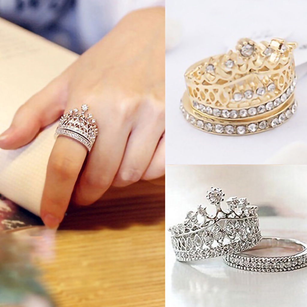 Hu Hu Hu Hu Hu Alat Bantu Pasang Kacamata♡ 2pcs / Set Cincin Wanita Bentuk Mahkota Aksen Berlian Imitasi Bahan Alloy Untuk Pernikahan