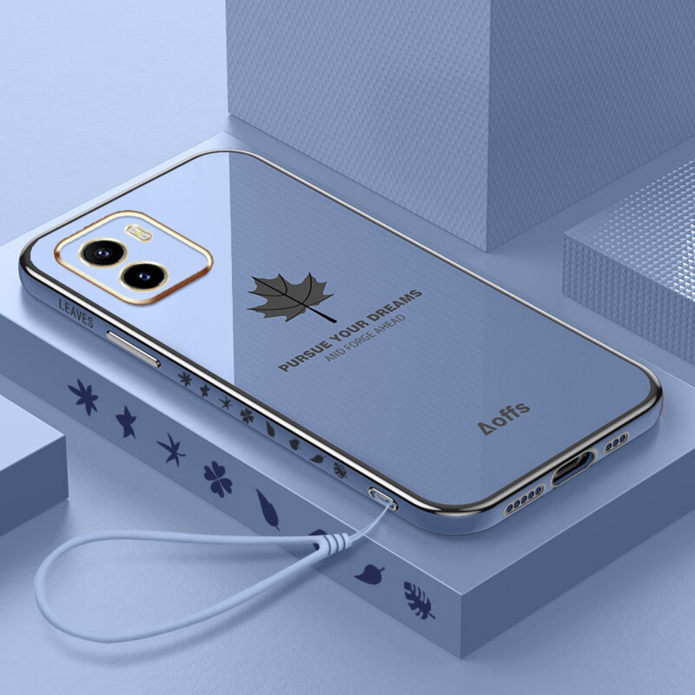 Casing Daun Maple Mewah OPPO Reno 8T A57 2022 A16 A16K A16e A15 A15s A55 A95 A74 A54 A5S A12 A7 A3S A12E A53 2020 A33 Case Square Silikon Plating Soft Phone Cover Dengan Tali DGX