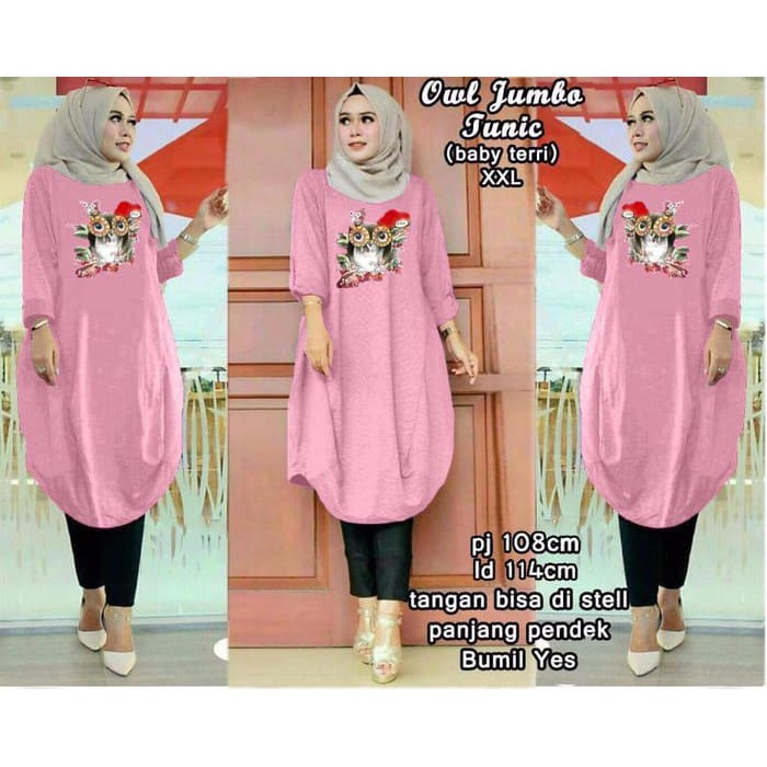 Stellashoppie, Owl Jumbo Tunik Pink, Tunik bigsize, Tunik bagus