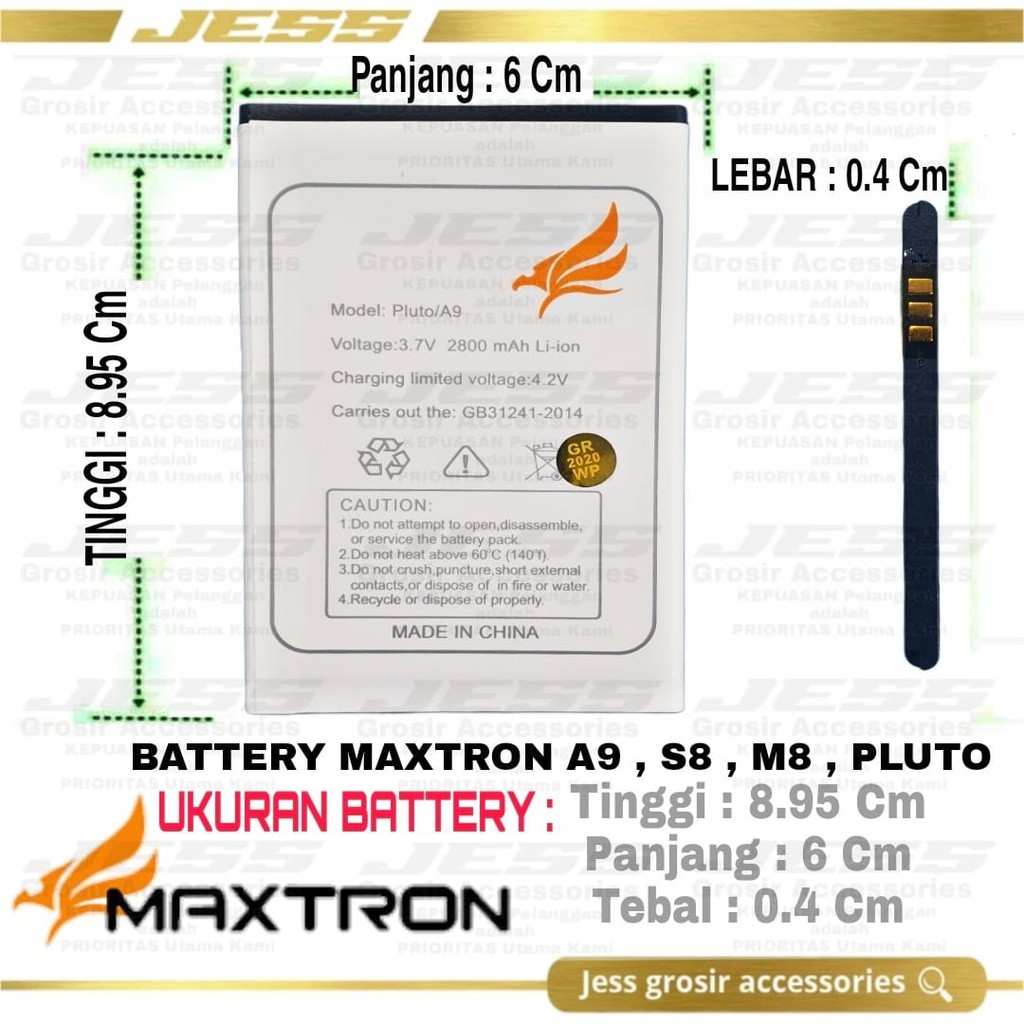 Baterai Original Maxtron A9 PLUTO , Maxtron S8 Galaxy , M8 ukuran Battery P 6.0 cm T 8.9 cm L 0.4 cm