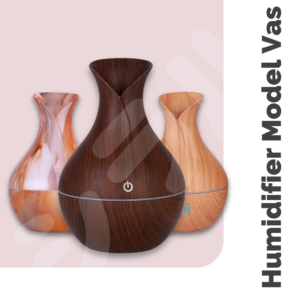 Humidifier 130ml Marble Marmer Wood LED 7 Warna Ultrasonic Aromatherapy Diffuser Vas Bunga Kayu