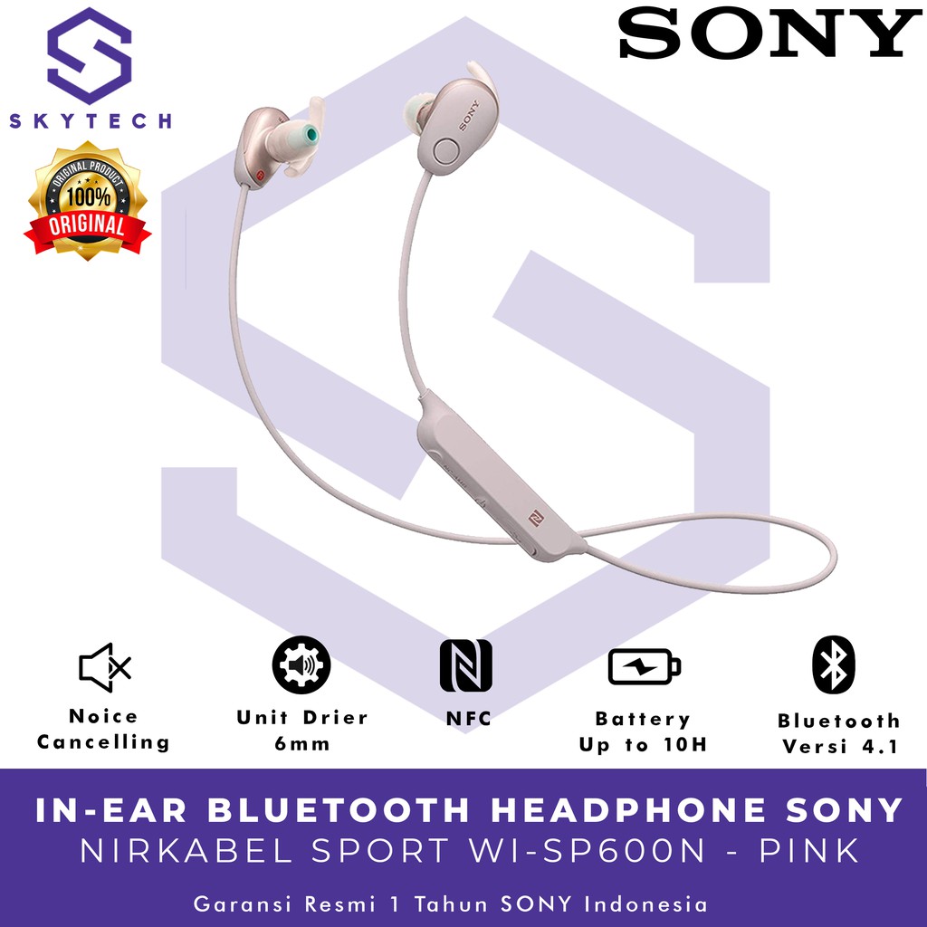 EARPHONE BLUETOOTH SONY WI SP600N PINK ORIGINAL GARANSI RESMI