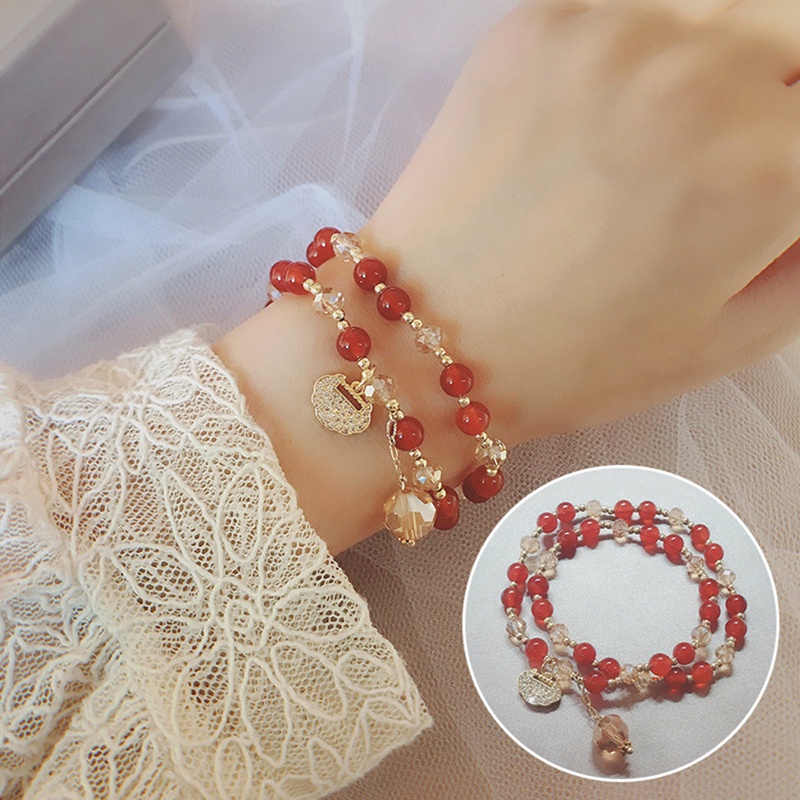 Gelang Kristal Garnet Bentuk Lingkaran Ganda Untuk Wanita